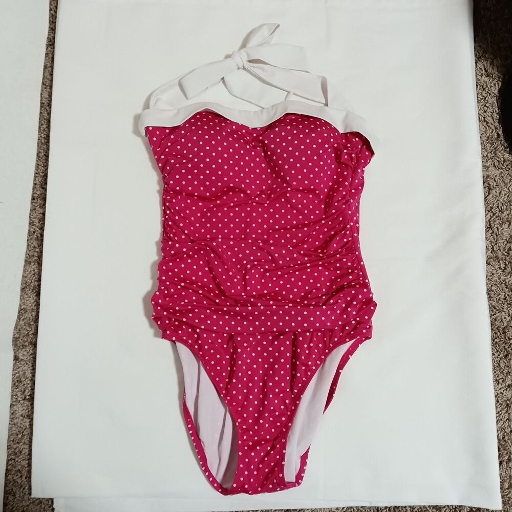 LRL Swimsuit Women's 10 Halter Tie One Piece Pink Polka Dot Retro Built In Bra